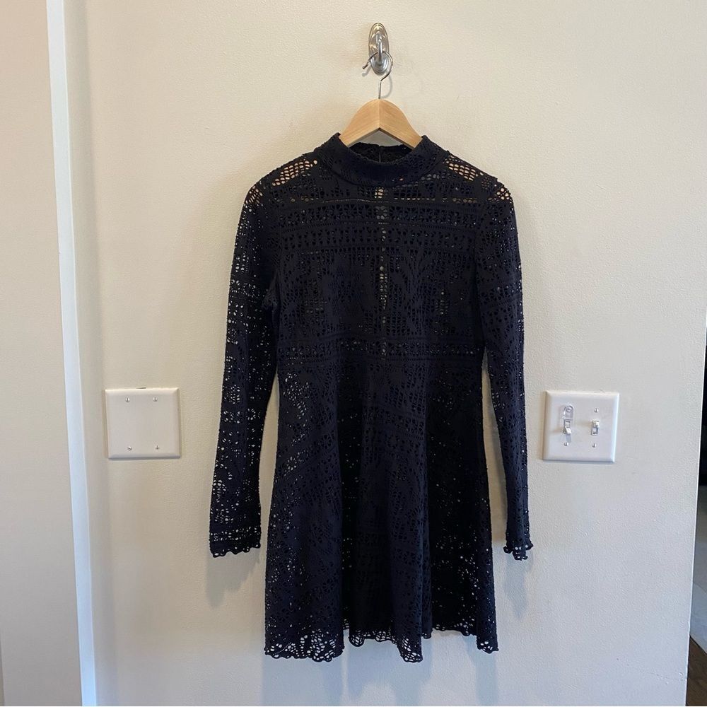 Free People Open Knit Chrochet Mini Dress Sz Medium boho whimsigoth black sheer